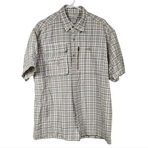 Natural Gear Fishing Shirt Men’s Large Vented Zip Pocket Short Sleeve Tan Plaid